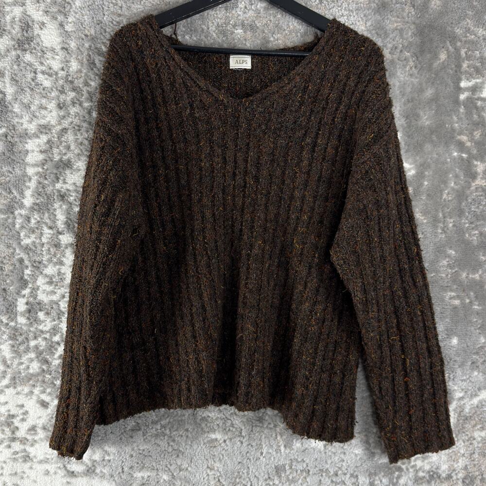 Alps Plus Size 1X Outdoor Ribbed V Neck Sweater Brown Long Sleeve Casual